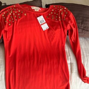 Red Long Sleeve Top with Gold Studs
